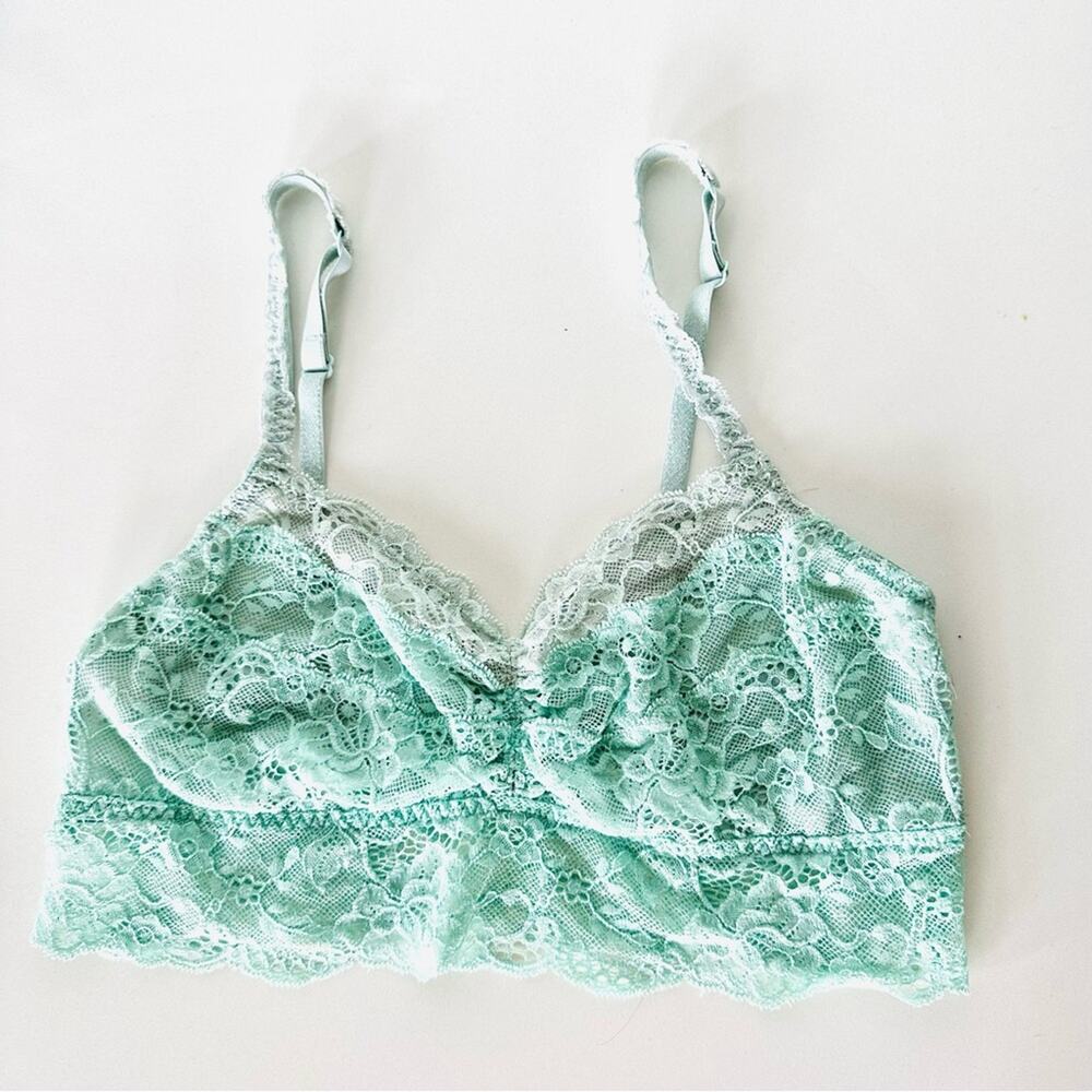 VICTORIAS SECRET PINK Lace Mint Green Turquoise Two Tone Ruffle Bra Bralette M